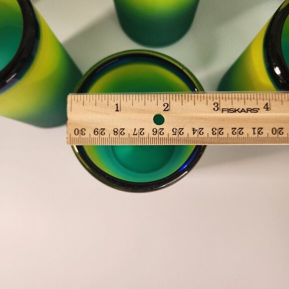 SET 6 HAND BLOWN MEXICAN GLASS TUMBLERS FROSTED YELLOW GREEN BLUE RIM - Picture 9 of 9